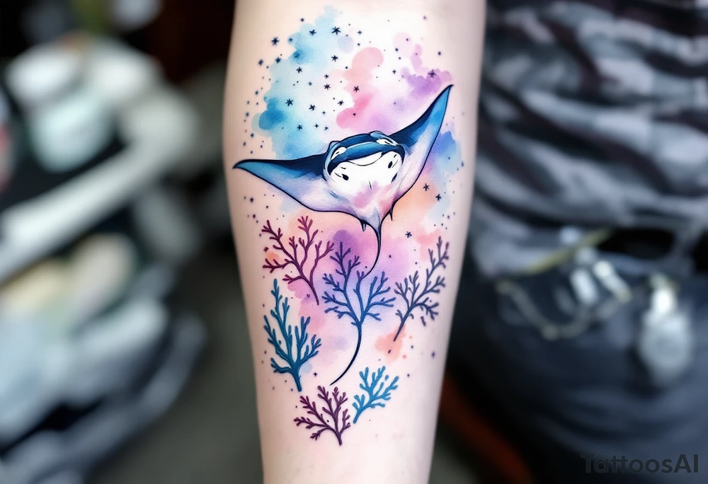 Manta ray swimming, coral reef bellow for forearm tattoo idea