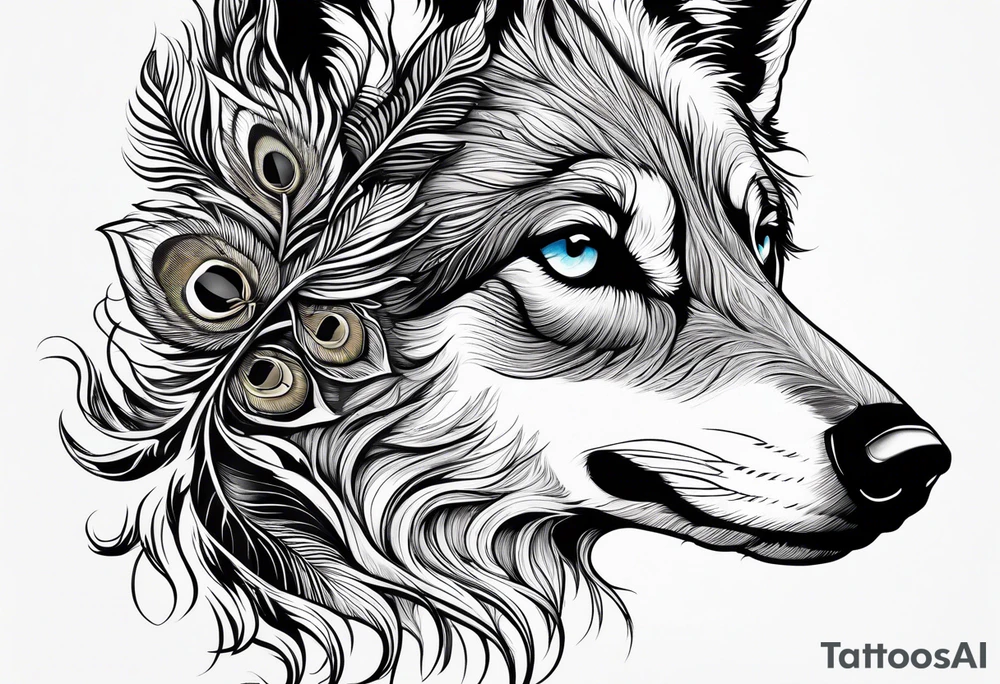 Peacock feather and wolf puppy tattoo idea