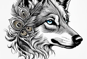 Peacock feather and wolf puppy tattoo idea