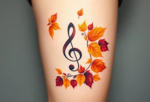 A treble clef surrounded by a cascade of falling autumn leaves, in shades of gold, orange, and deep burgundy, evoking a sense of change and movement tattoo idea