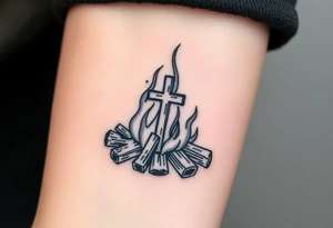 Campfire with cross hidden in the flames with nod to camping tattoo idea