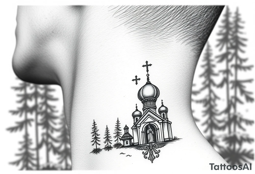 russian coat of arms double headed eagle traditional christian orthodox cross with a virgin mary stood in the entrance of a russian orthodox dome church on the side of the neck in a wilderness setting tattoo idea