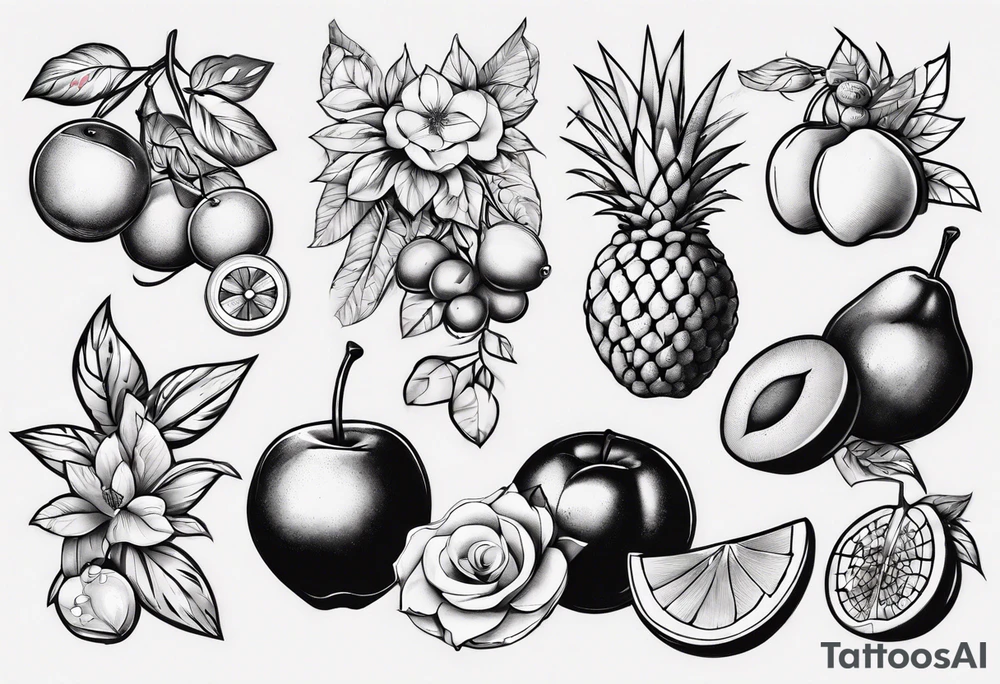 Fruits and flowers tattoo idea