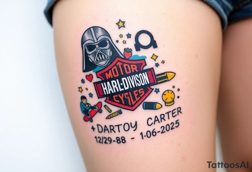 colorful futuristic memory tattoo for passed boyfriend;, star wars, Harley Davidson, skateboarding, puzzle pieces, video games, heaven, god, outdoors, 9mm bullet, words MEMENTO MORI & DARTH CARTER 12/29/88-01/06/2025 tattoo idea