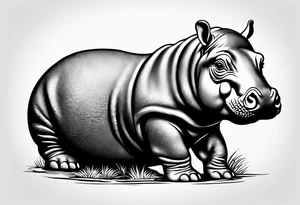 Baby hippopotamus facing left with a goose on its back tattoo idea