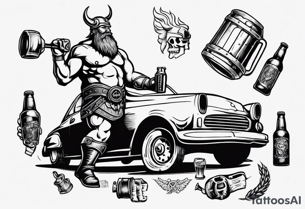 A Viking drinking a beer and holding a car tool tattoo idea