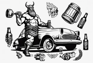 A Viking drinking a beer and holding a car tool tattoo idea