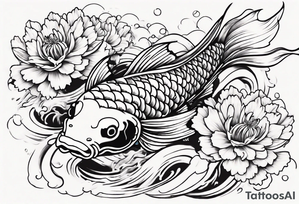 koi fish tattoo Japanese style with daffodils, chrysanthemum and waves as background tattoo idea