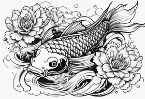 koi fish tattoo Japanese style with daffodils, chrysanthemum and waves as background tattoo idea