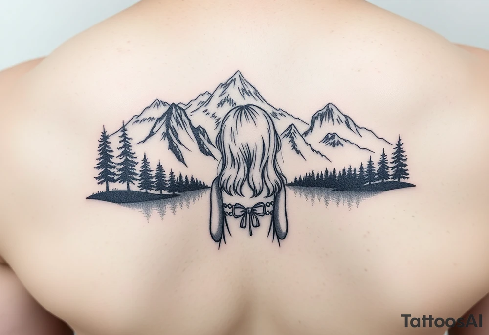 Little blond girl in front of a lake and mountain tattoo idea