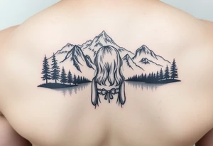 Little blond girl in front of a lake and mountain tattoo idea