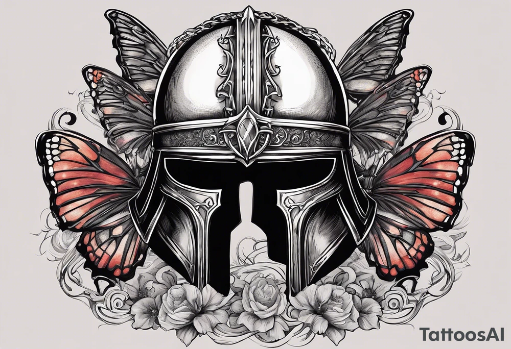 Generate an Elden Ring tattoo concept of Malenia's helmet laying on a pool of rot with rot butterflies flying over and a text that says, " I am Malenia, Blade of Miquella and I have never known Defeat" circling around the tattoo tattoo idea