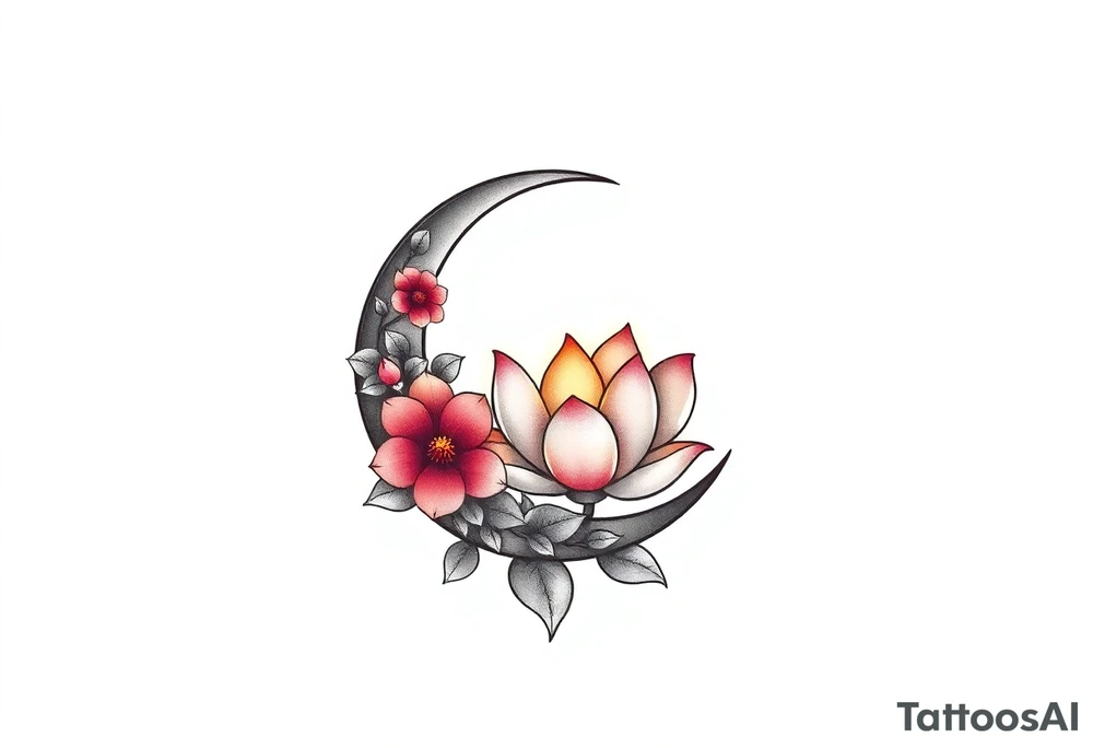 crescent floral moon with lotus flower glowing tattoo idea