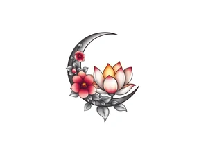 crescent floral moon with lotus flower glowing tattoo idea