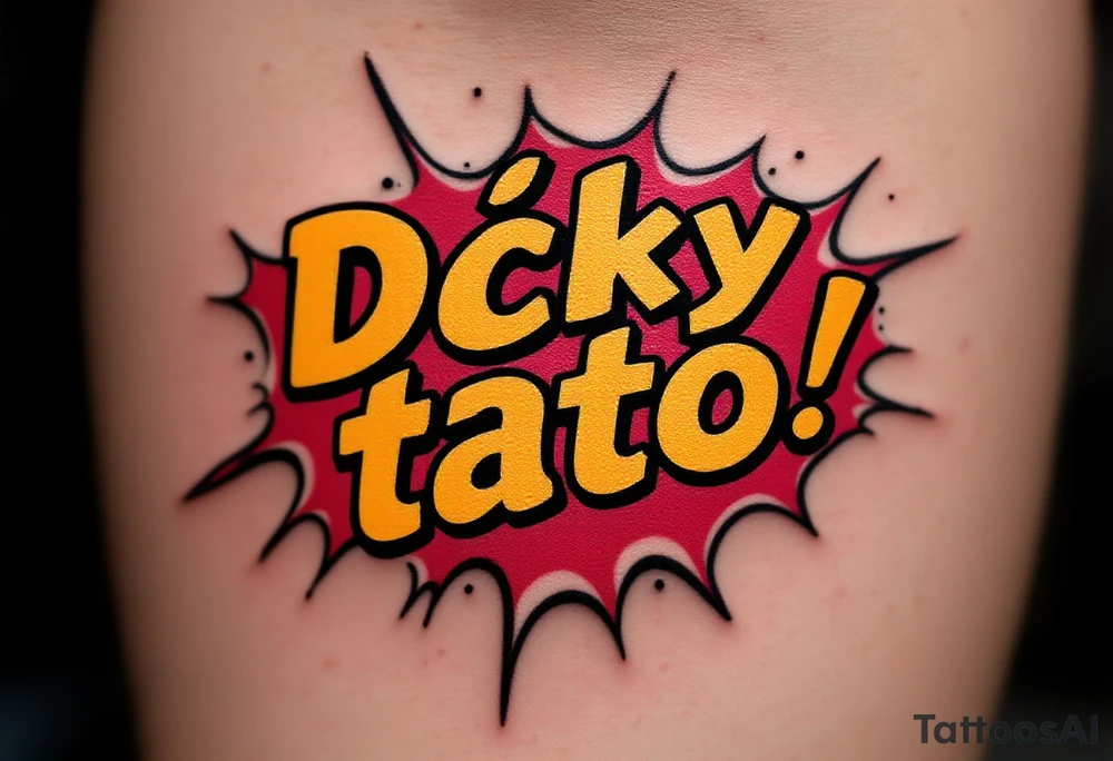 A comic-book style “Díky tato!” bubble in red and yellow with “Díky tati!” inside. tattoo idea