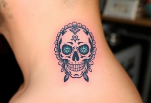 Masculine sugar skull with diamond gemstone eyes and daisy around the skull tattoo idea