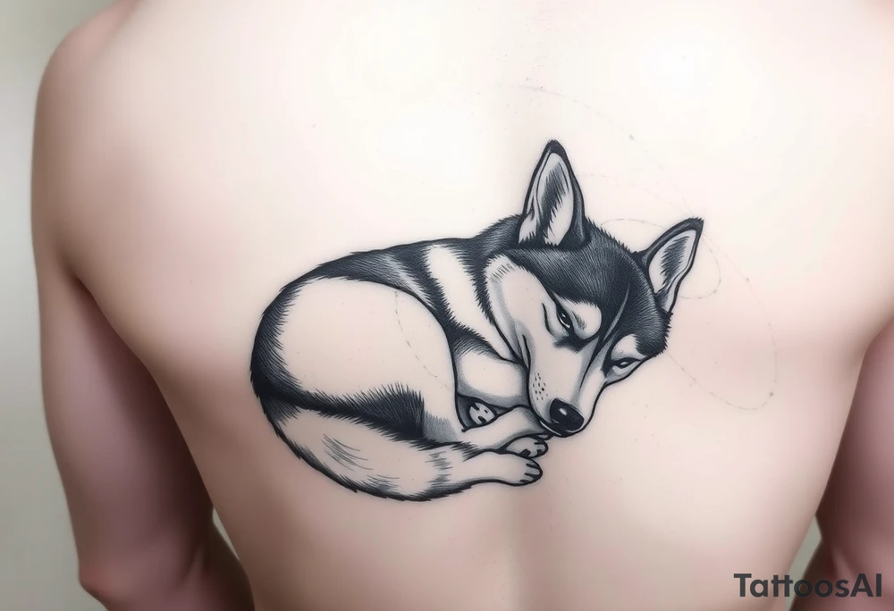Majestic Siberian husky curled up napping tattoo idea