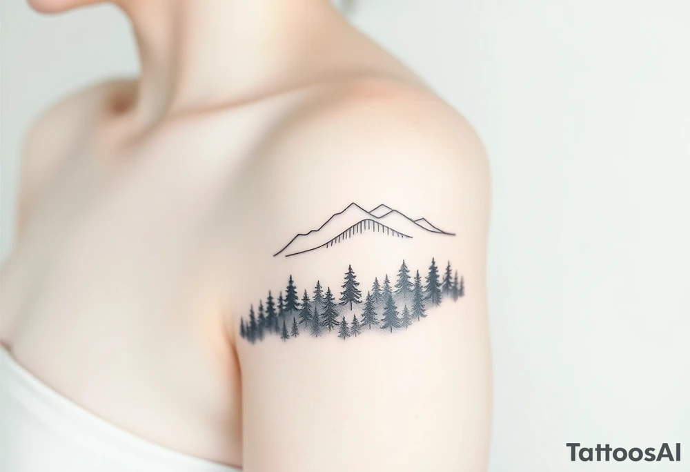 Fine line tattoo of a dense, misty forest at the bottom, leading into clear, distant mountains. The forest should be dark and intricate, while the mountains should gradually become clearer and brighter, symbolizing emotional transition. The design should be minimalist, black and white, and suitable for placement on the upper arm or upper back of the shoulder tattoo idea