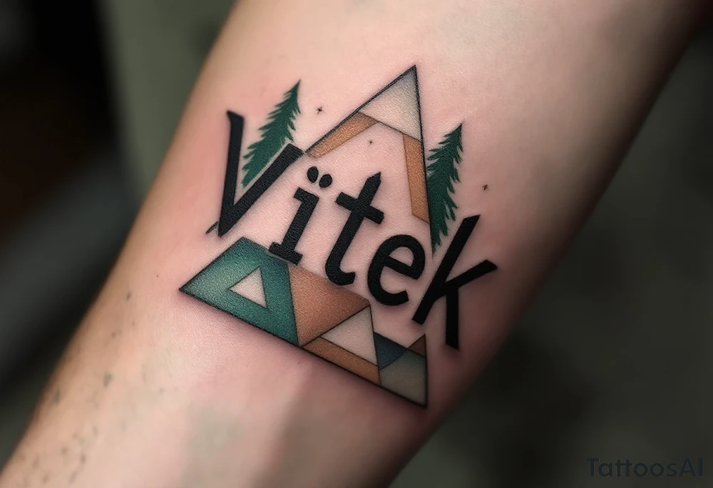 Vítek written in strong, clean letters, surrounded by geometric triangles in shades of forest green and earthy brown. tattoo idea