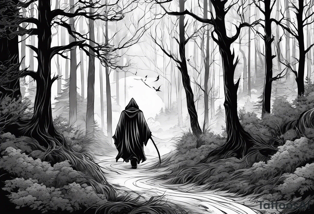 grim reaper walking forest tattoo idea