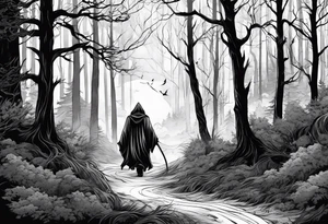 grim reaper walking forest tattoo idea