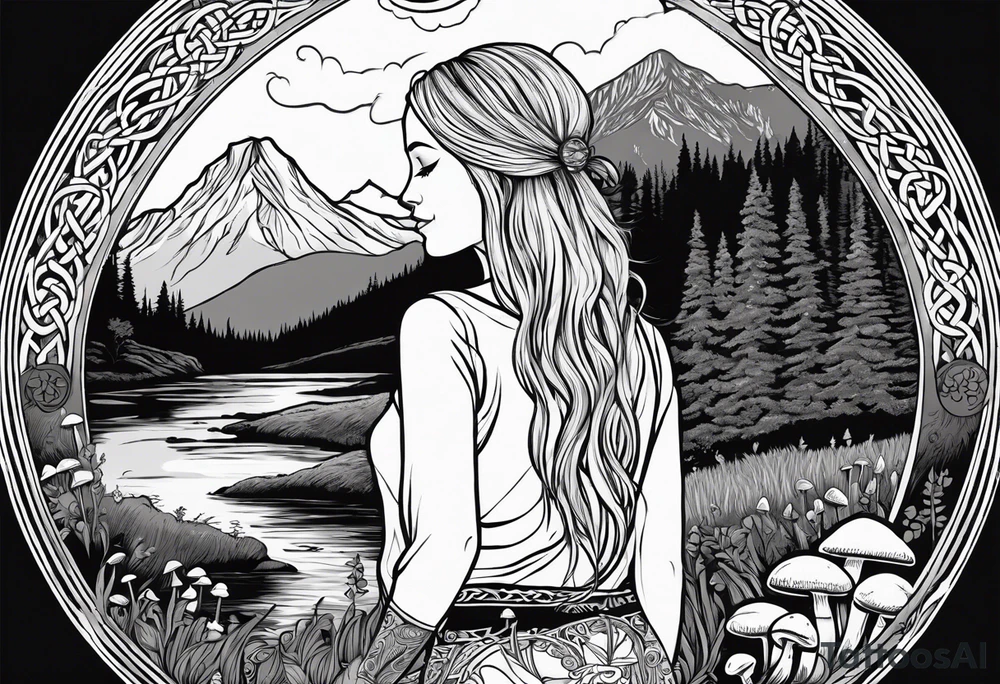 Whole picture encircled fully

Straight long blonde hair hippie girl in distance holding mushrooms in hand facing away toward mountains and creek surrounded by mushrooms long sleeve shirt and hiking pants; whole rendering within a full celtic circle, no cut off circle tattoo idea
