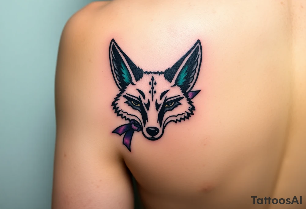 Fox racing head logo wrapped in angel wings and as one of the fox symbols ears put a thumbprint heart with a teal and purple ribbon also around the white tattoo put a lime green glow tattoo idea