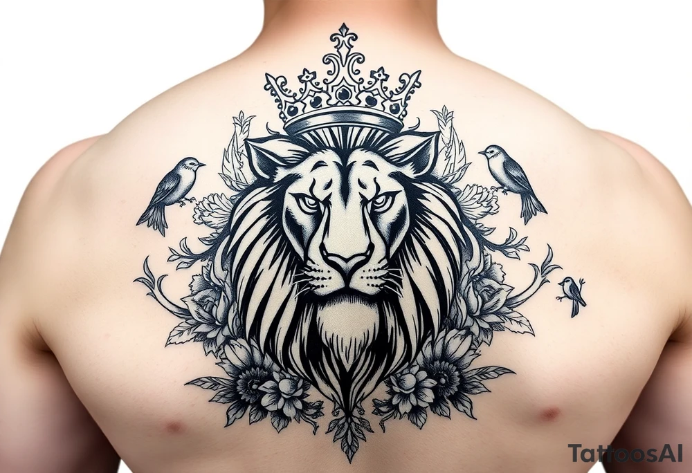 powerful majestic lion with a crown, surrounded by floral ornaments and birds tattoo idea