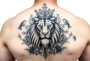 powerful majestic lion with a crown, surrounded by floral ornaments and birds tattoo idea