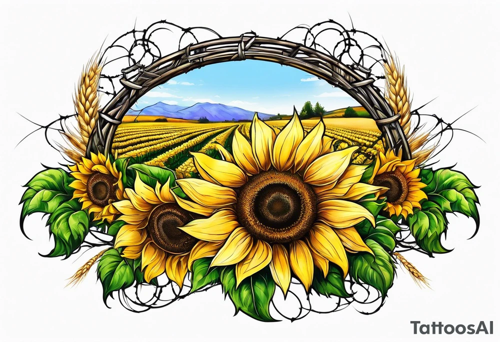 Sunflower, wheat, and barbed wire half sleeve tattoo idea