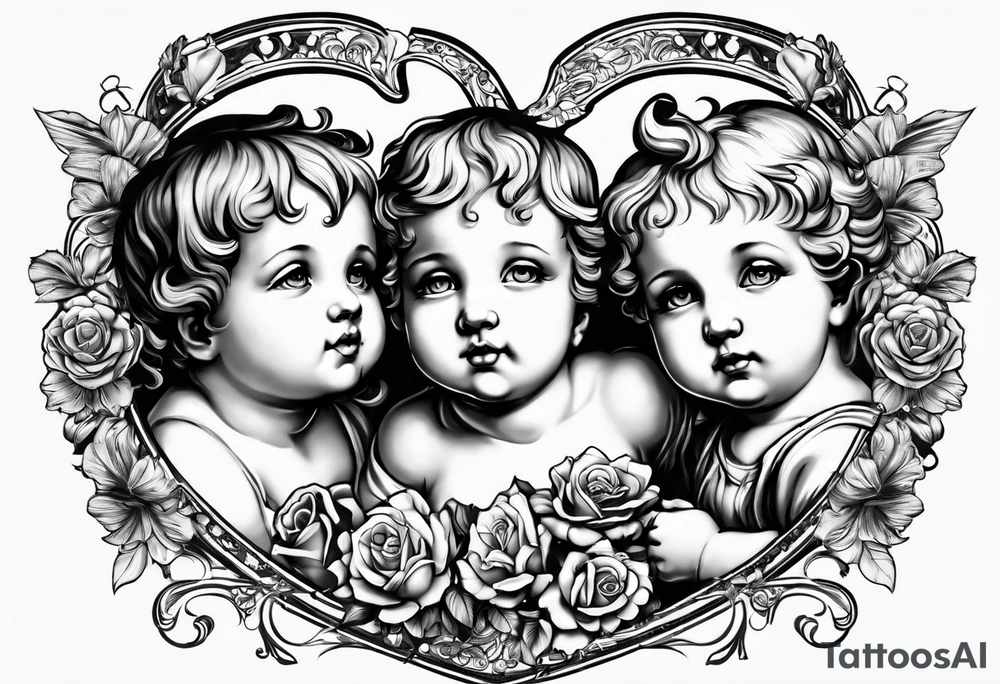 3 cherubs that look realistic, not cartoony. one of them is a girl holding a balloon, one is a boy holding a money bag, one is a girl hugging a heart. make them all separated tattoo idea