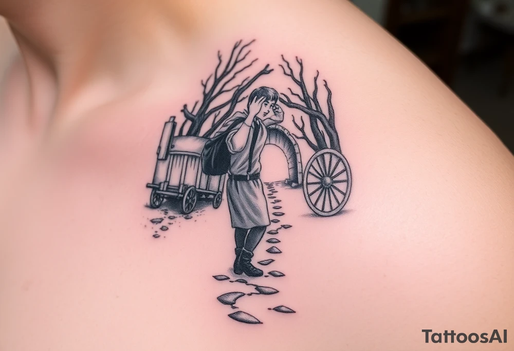 A boy walking up a forest path, DnD inspired, broken down carriage, tavern, glowing tunnel tattoo idea