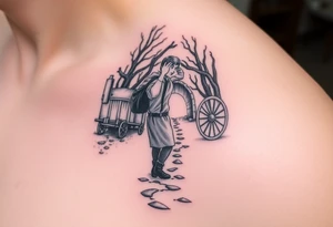 A boy walking up a forest path, DnD inspired, broken down carriage, tavern, glowing tunnel tattoo idea