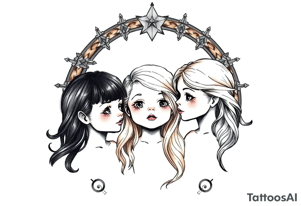 3 petites filles ( une cheveux noir et deux blondes)
sous un arc en ciel incomplet tattoo idea