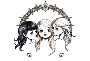 3 petites filles ( une cheveux noir et deux blondes)
sous un arc en ciel incomplet tattoo idea