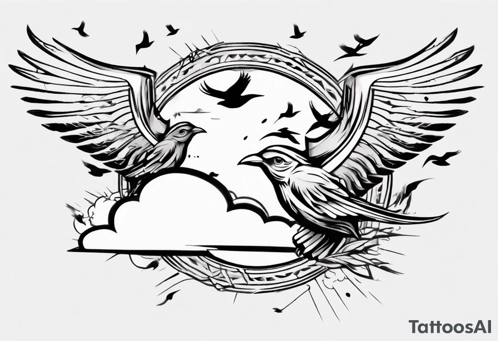 a shoulder tattoo with rays of light, clouds and birds flying free tattoo idea
