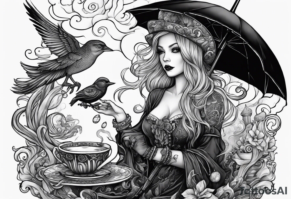 a sea witch with tentacles holding an umbrella and a teacup with a yellow bird chasing a gingerbread boy tattoo idea