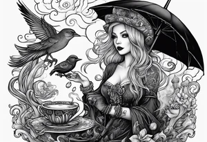 a sea witch with tentacles holding an umbrella and a teacup with a yellow bird chasing a gingerbread boy tattoo idea