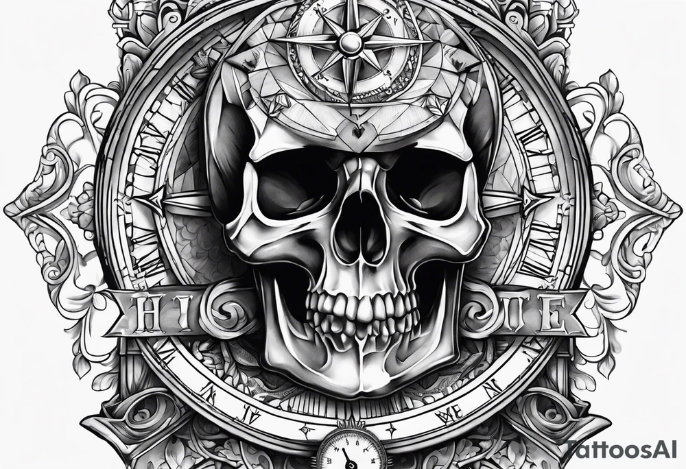 Skull, hourglass, compass tattoo idea