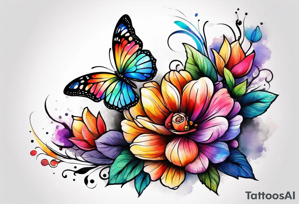 Arm sleeve with rainbow flowers and butterflies tattoo idea