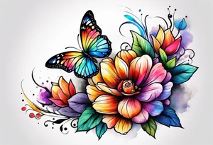 Arm sleeve with rainbow flowers and butterflies tattoo idea
