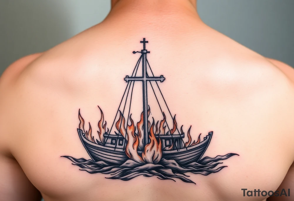 Boat on fire with cross as mast. Water colour tattoo idea