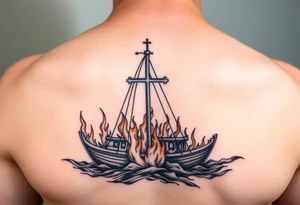 Boat on fire with cross as mast. Water colour tattoo idea