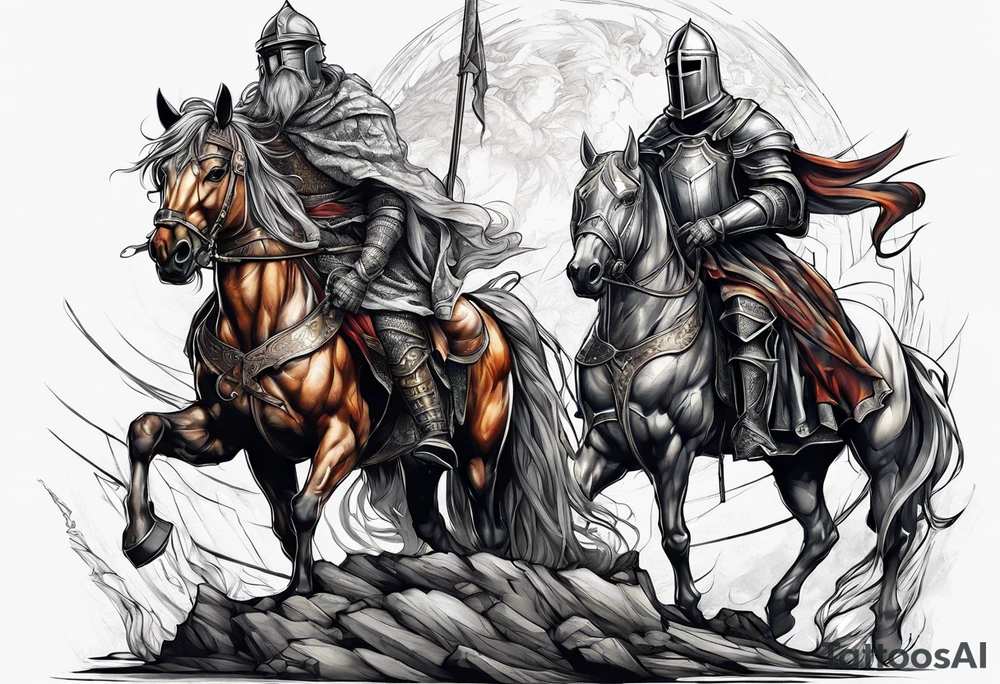 a beggar with a knight standing behind him for protection tattoo idea