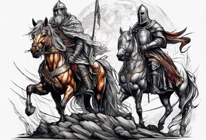 a beggar with a knight standing behind him for protection tattoo idea