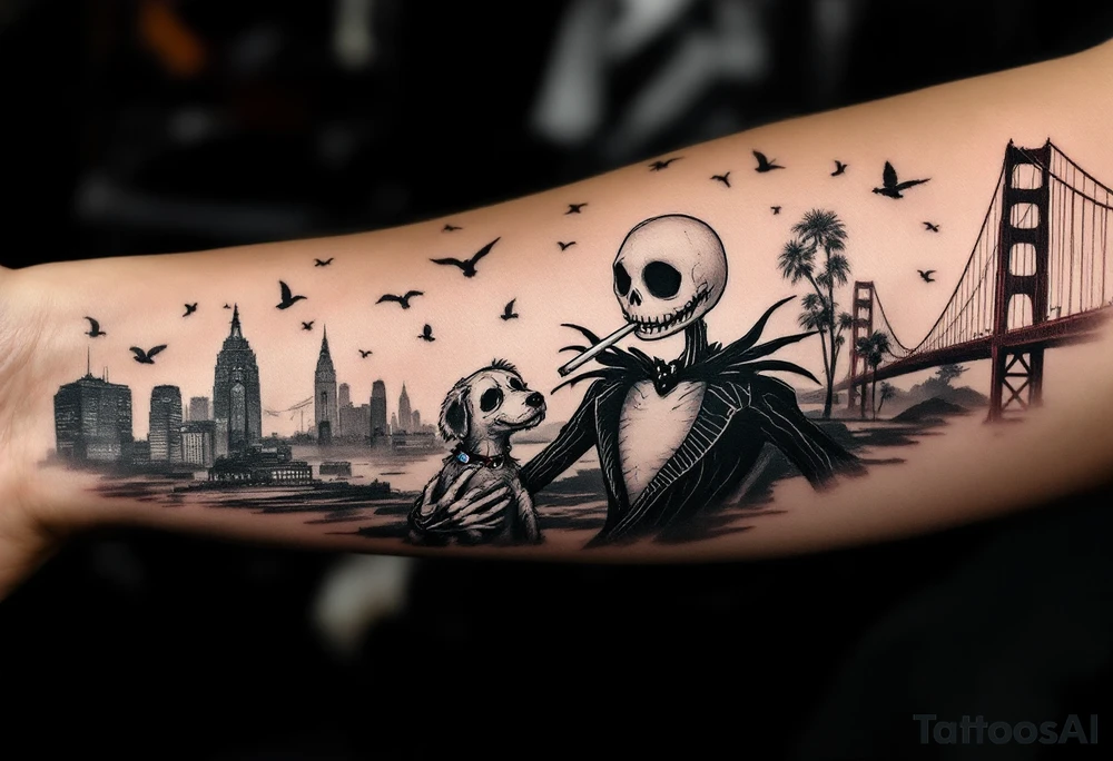 jack skellington with dog,smoking a blunt and fishing,surrounded by city buildings,golden gate bridge, birds, palm trees, tattoo idea