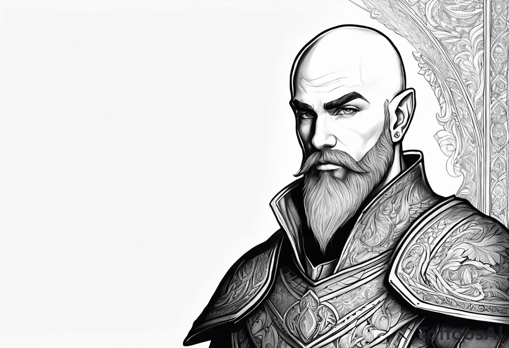 human-elf, bearded bald male, paladin, full-body tattoo idea