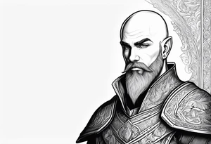 human-elf, bearded bald male, paladin, full-body tattoo idea