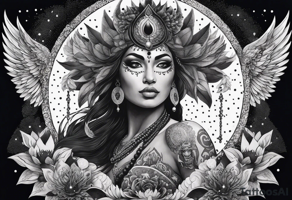 black kali, goddess pirate, alien, angel, pachamama, valkrye, warrior, flying, skull, lotus azul, wing, eagle, zenza resonance, stars, 5D, anahata chakra, death, durga, riding on a tiger, flying lady, kundalini, chest tatoo, samuri, rebel, serpent tattoo idea