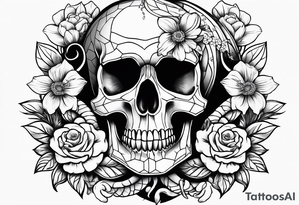 Skull with flowers and snakes tattoo idea